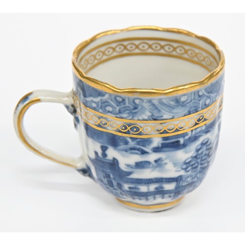 113 - Thirteen pieces of Chinese blue and white export porcelain teaware with European gilt decoration, la... 