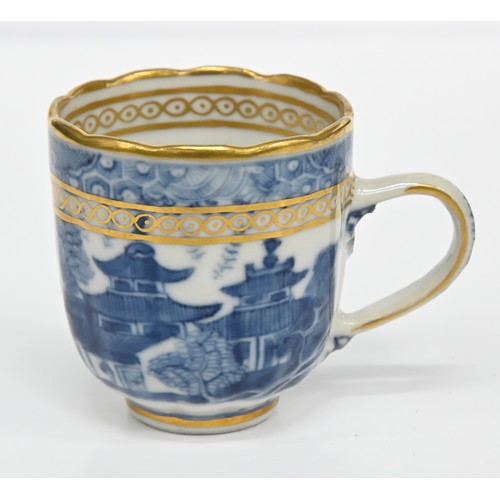 113 - Thirteen pieces of Chinese blue and white export porcelain teaware with European gilt decoration, la... 