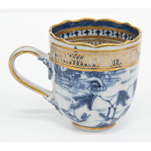 113 - Thirteen pieces of Chinese blue and white export porcelain teaware with European gilt decoration, la... 