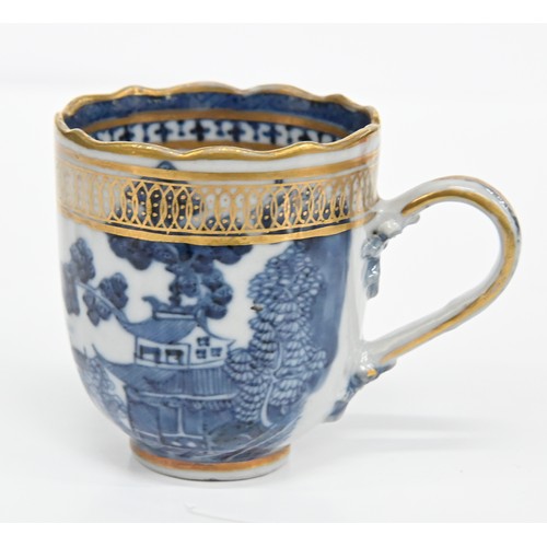 113 - Thirteen pieces of Chinese blue and white export porcelain teaware with European gilt decoration, la... 