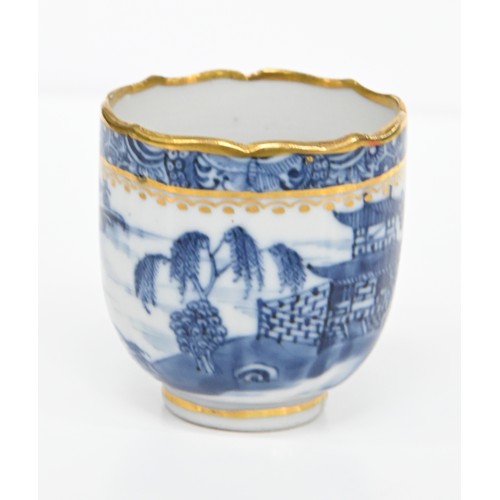 113 - Thirteen pieces of Chinese blue and white export porcelain teaware with European gilt decoration, la... 