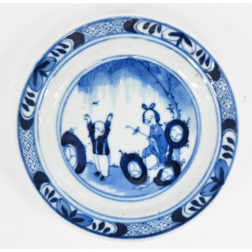 120 - A set of five Chinese blue and white miniature plates, 19th c, painted with a woman and child beneat... 