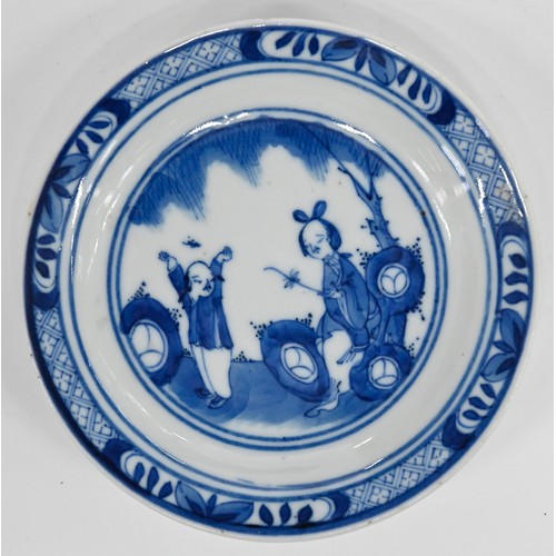 120 - A set of five Chinese blue and white miniature plates, 19th c, painted with a woman and child beneat... 