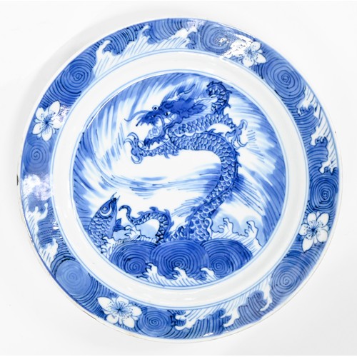 121 - A pair of Chinese blue and white plates, Kangxi period, painted with dragon and carp in wave border,... 