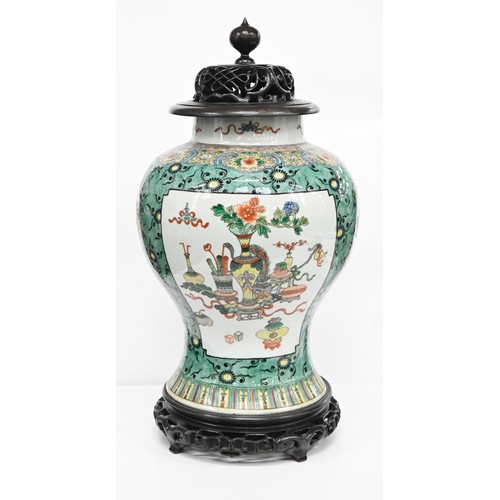 170 - Two Samson famille verte jars, enamelled in Kangxi style with birds or flower filled objects on a gr... 