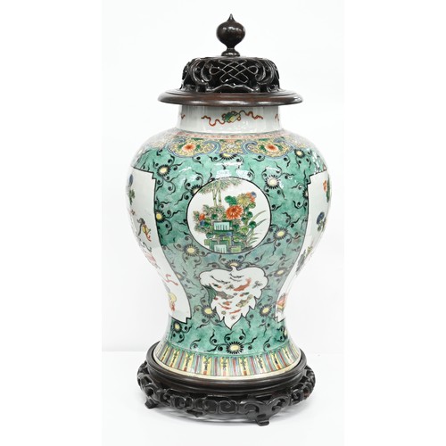 170 - Two Samson famille verte jars, enamelled in Kangxi style with birds or flower filled objects on a gr... 