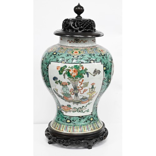 170 - Two Samson famille verte jars, enamelled in Kangxi style with birds or flower filled objects on a gr... 