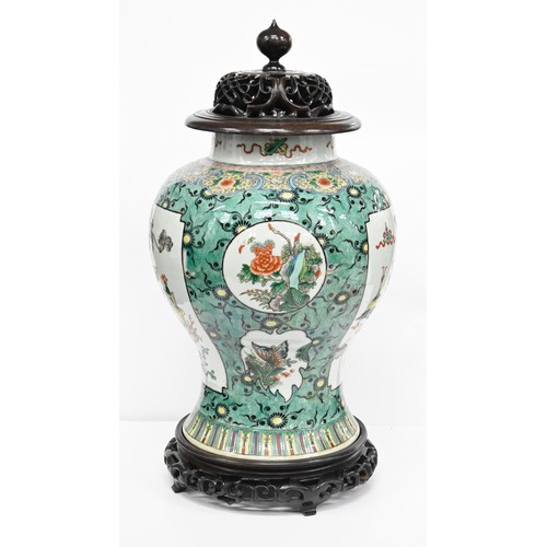 170 - Two Samson famille verte jars, enamelled in Kangxi style with birds or flower filled objects on a gr... 