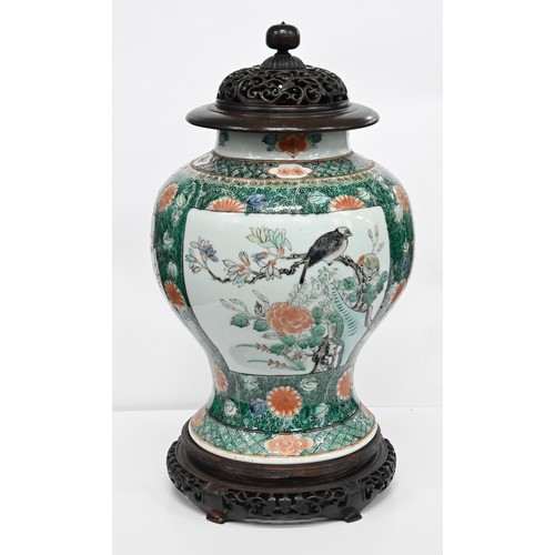 170 - Two Samson famille verte jars, enamelled in Kangxi style with birds or flower filled objects on a gr... 