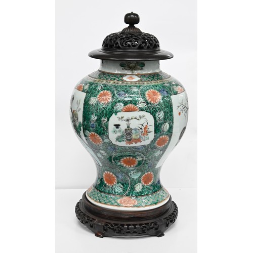 170 - Two Samson famille verte jars, enamelled in Kangxi style with birds or flower filled objects on a gr... 