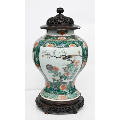 170 - Two Samson famille verte jars, enamelled in Kangxi style with birds or flower filled objects on a gr... 