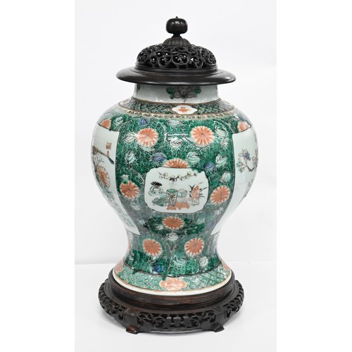 170 - Two Samson famille verte jars, enamelled in Kangxi style with birds or flower filled objects on a gr... 