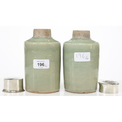 196 - Two Chinese celadon tea caddies, 19th c, the neck unglazed, associated silver coloured metal covers,... 