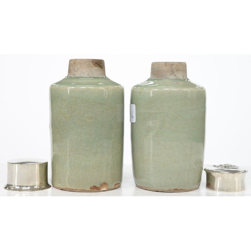 196 - Two Chinese celadon tea caddies, 19th c, the neck unglazed, associated silver coloured metal covers,... 