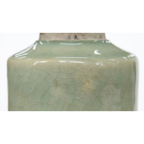 196 - Two Chinese celadon tea caddies, 19th c, the neck unglazed, associated silver coloured metal covers,... 