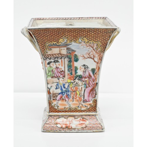 198 - A Chinese famille rose bulb pot, c1780, of flared square shape and enamelled with a 'mandarin' patte... 