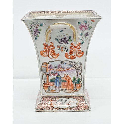 198 - A Chinese famille rose bulb pot, c1780, of flared square shape and enamelled with a 'mandarin' patte... 