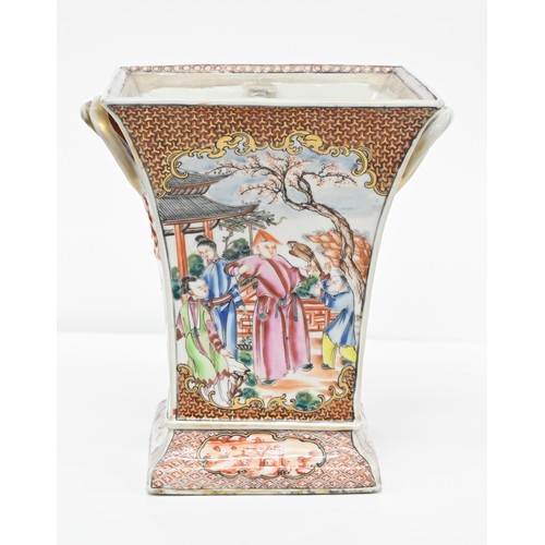 198 - A Chinese famille rose bulb pot, c1780, of flared square shape and enamelled with a 'mandarin' patte... 