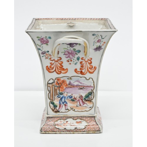 198 - A Chinese famille rose bulb pot, c1780, of flared square shape and enamelled with a 'mandarin' patte... 