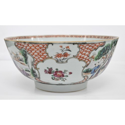 218 - A Chinese famille rose bowl, c1770, painted with two groups of figures by water in a mountainous lan... 