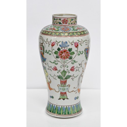 220 - A pair of Chinese famille rose vases, 20th c, enamelled with butterfly, women and flowers, 27.5cm h,... 