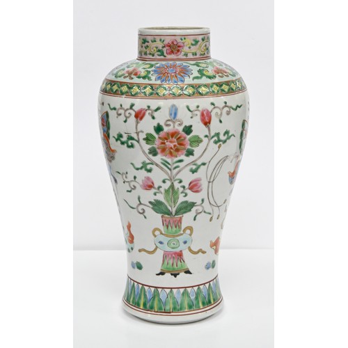 220 - A pair of Chinese famille rose vases, 20th c, enamelled with butterfly, women and flowers, 27.5cm h,... 