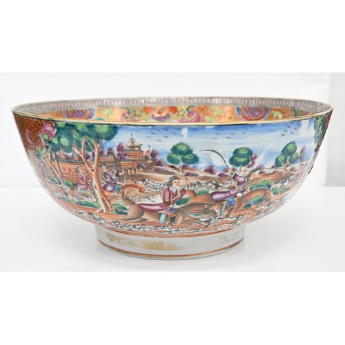 232 - A Chinese European-subject famille rose punch bowl, c1770, enamelled with hunting scenes and subsidi... 