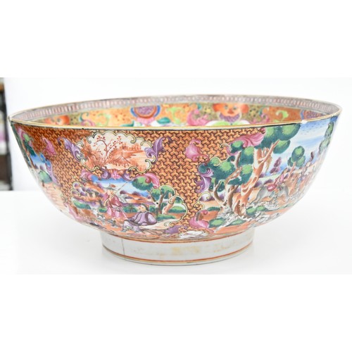 232 - A Chinese European-subject famille rose punch bowl, c1770, enamelled with hunting scenes and subsidi... 