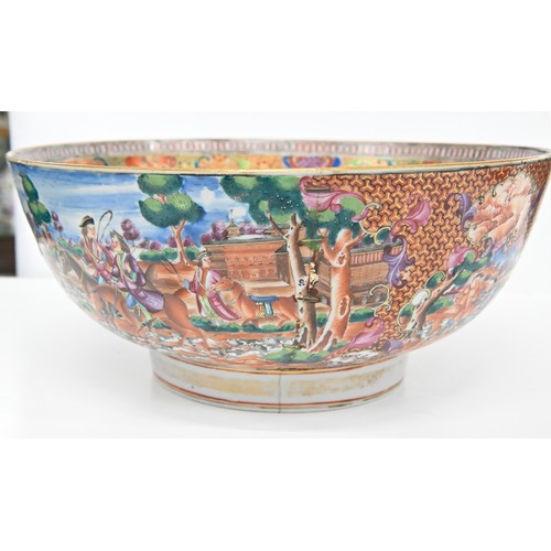 232 - A Chinese European-subject famille rose punch bowl, c1770, enamelled with hunting scenes and subsidi... 