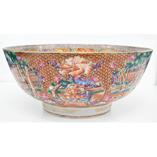 232 - A Chinese European-subject famille rose punch bowl, c1770, enamelled with hunting scenes and subsidi... 