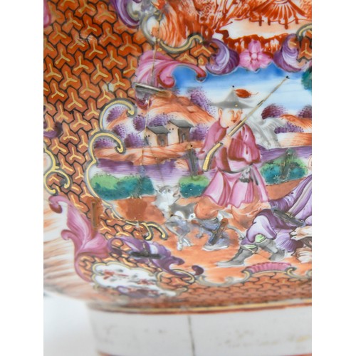 232 - A Chinese European-subject famille rose punch bowl, c1770, enamelled with hunting scenes and subsidi... 