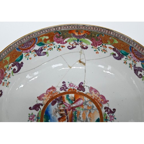 232 - A Chinese European-subject famille rose punch bowl, c1770, enamelled with hunting scenes and subsidi... 