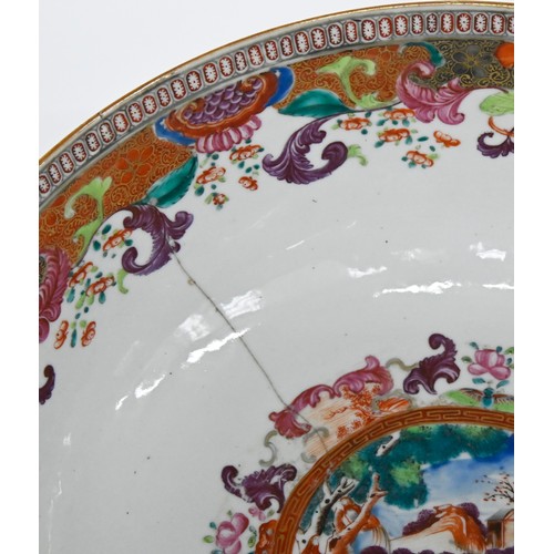 232 - A Chinese European-subject famille rose punch bowl, c1770, enamelled with hunting scenes and subsidi... 