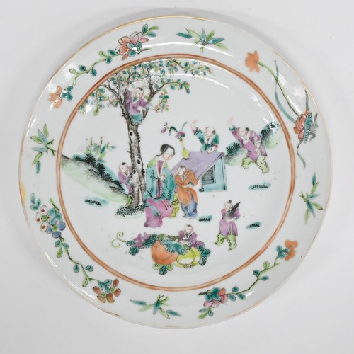 242 - Two Chinese famille rose plates, late 19th c, painted with a lady at a table attended by seven young... 