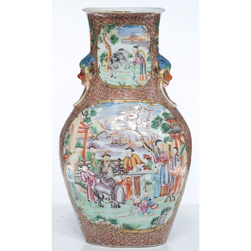 280 - A Chinese famille rose vase, c1770, enamelled and with 'mandarin' scenes in gilt bamboo frames reser... 