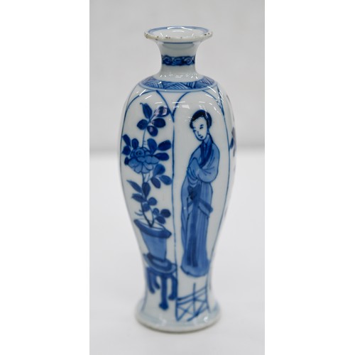 14 - A Chinese blue and white vase, 18th c, of six-sided form, painted with a 'long Eliza' alternating wi... 