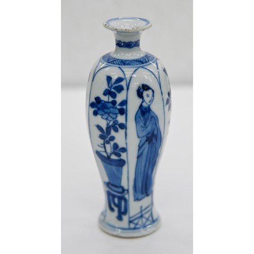 14 - A Chinese blue and white vase, 18th c, of six-sided form, painted with a 'long Eliza' alternating wi... 