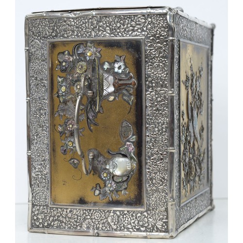 414 - A Japanese silver mounted dhibayama cabinet, kodansu, Meiji period, slightly domed top decorated wit... 