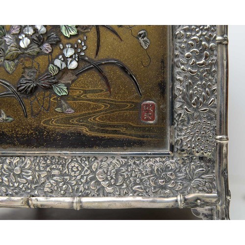 414 - A Japanese silver mounted dhibayama cabinet, kodansu, Meiji period, slightly domed top decorated wit... 