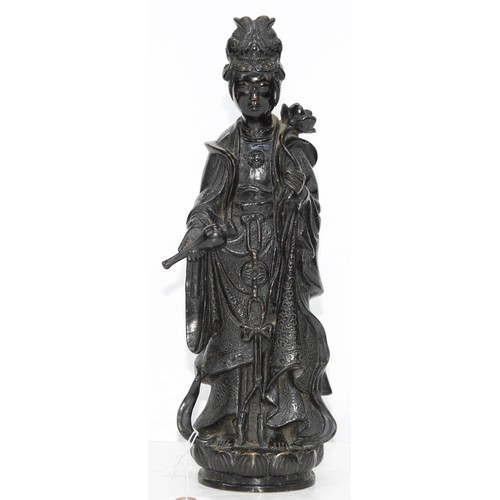 325 - A Chinese bronze figure of Guanyin, 19th c, a lotus and flask in her hands, on lotus base, 32cm h... 