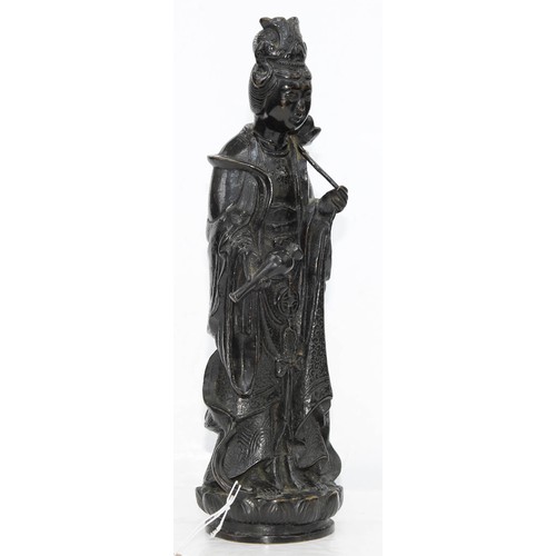 325 - A Chinese bronze figure of Guanyin, 19th c, a lotus and flask in her hands, on lotus base, 32cm h... 