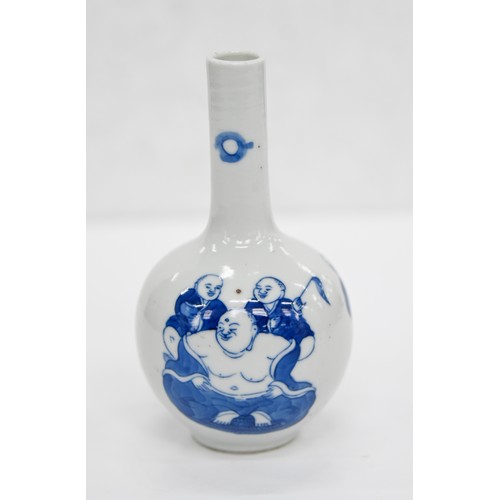 76 - A Chinese blue and white miniature vase, 19th c, painted with Budai, 12cm h, Kangxi mark... 