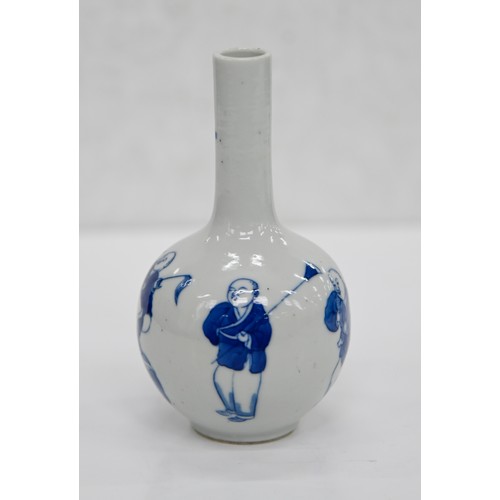 76 - A Chinese blue and white miniature vase, 19th c, painted with Budai, 12cm h, Kangxi mark... 