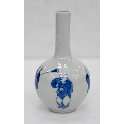 76 - A Chinese blue and white miniature vase, 19th c, painted with Budai, 12cm h, Kangxi mark... 