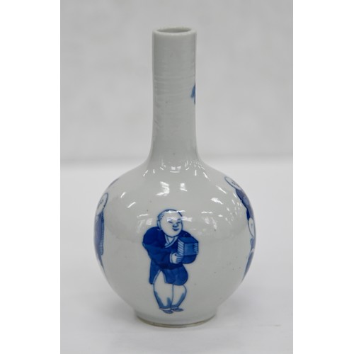 76 - A Chinese blue and white miniature vase, 19th c, painted with Budai, 12cm h, Kangxi mark... 