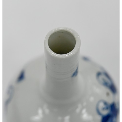 76 - A Chinese blue and white miniature vase, 19th c, painted with Budai, 12cm h, Kangxi mark... 