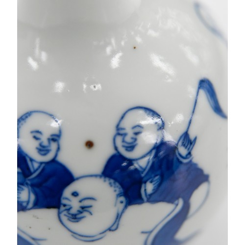 76 - A Chinese blue and white miniature vase, 19th c, painted with Budai, 12cm h, Kangxi mark... 