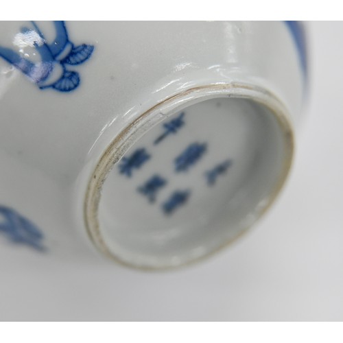 76 - A Chinese blue and white miniature vase, 19th c, painted with Budai, 12cm h, Kangxi mark... 