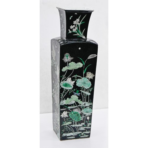 171 - A Chinese famille noire vase, late 19th - early 20th c, of square section, enamelled with lotus, chr... 