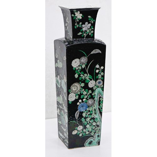 171 - A Chinese famille noire vase, late 19th - early 20th c, of square section, enamelled with lotus, chr... 